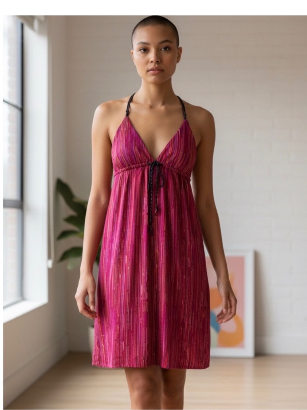 Billabong Fuchsia Striped Braided Halter Dress